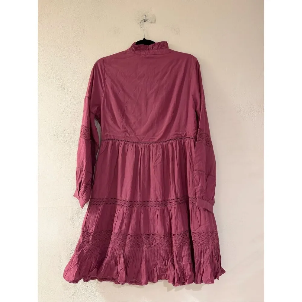 Sundance Lace Eyelet Ruffle Dress in Magenta Pink Small